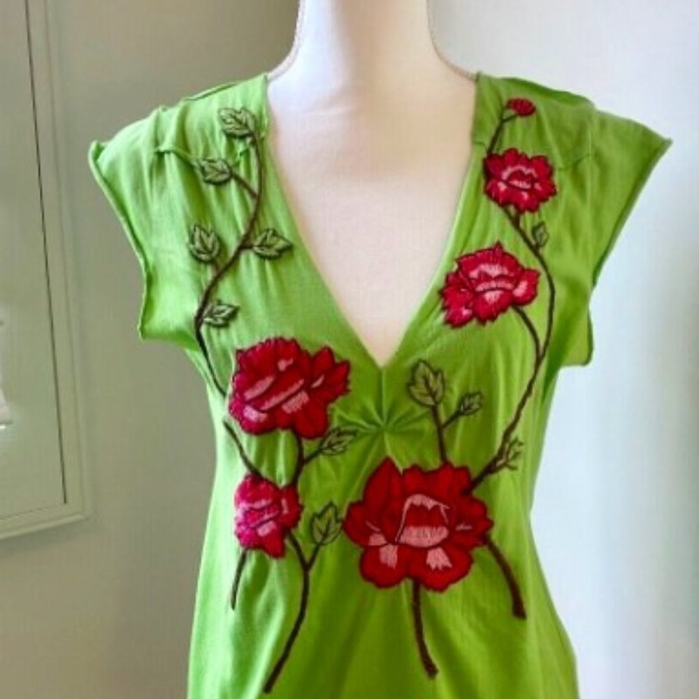 Johnny Was Joy Stick Tank Bright Green with Embroidered Flowers & Butterfly LG